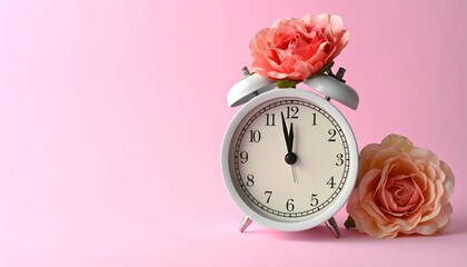 Alarm clock with roses on pink background