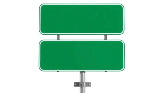 Blank green highway sign mounted on metal support isolated on transparent background
