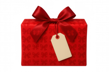 Red gift box with a blank tag and ribbon bow, isolated on transparent background, perfect for adding a personal touch to holiday designs