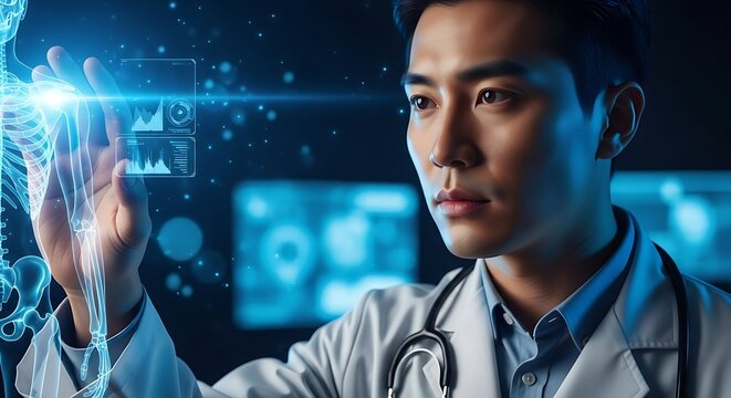 Asian doctor using futuristic holographic technology for advanced medical research