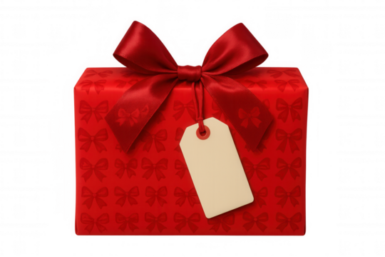 Red gift box with a blank tag and ribbon bow, isolated on transparent background, perfect for adding a personal touch to holiday designs
