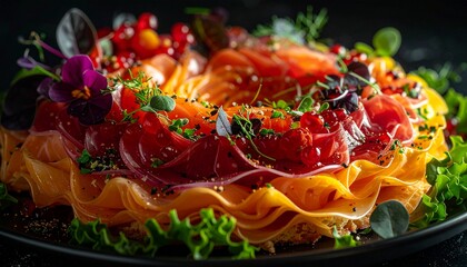 an elaborate, colorful dish featuring layers of various meats, fruits, and garnishes. It is artfully arranged on a plate and garnished with fresh herbs and edible flowers