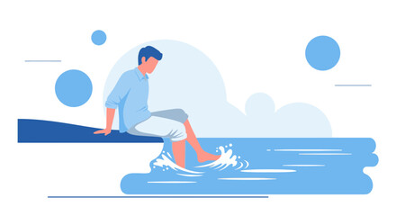 Obraz premium Man Sitting By Seaside Freshly Dipping Feet Into Refreshing Water Illustrated Scene