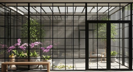 Obraz premium Modern sunroom design with black frame windows and plants for home interior inspiration and garden decor ideas