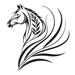 Elegant black and white tribal horse head silhouette with flowing mane and decorative leafy accents symbolizing strength and grace