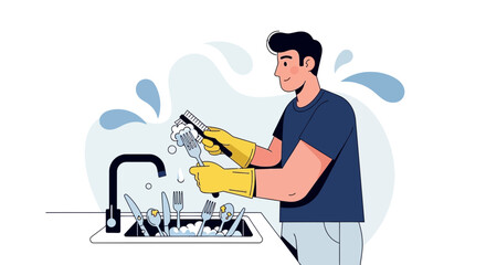 Man Washing Dishes in Illustrated Scene Kitchen Illustration Cleaning Utensils