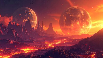 Alien landscape with fiery planets
