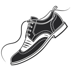 Stylized black and white illustration of a classic wingtip brogue shoe with laces untied and flowing dynamically against a white background