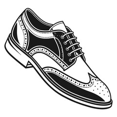 Classic black and white illustration of a detailed wingtip brogue shoe with laces and perforations on a white background