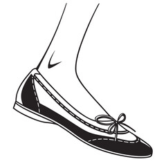 Elegant black and white line art illustration of a woman s foot wearing a classic ballet flat shoe with a delicate bow detail