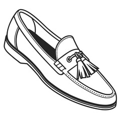 A classic black and white line art illustration of a single elegant men s tassel loafer shoe presented at an angle on a white background