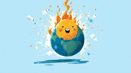 Rappresentazione ironica e critica del pianeta terra con fiamme e bottiglie di plastica, che indicano la crisi climatica e l'inquinamento ambientale