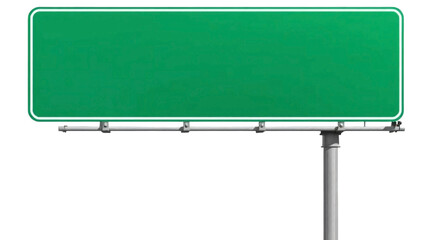 Blank green highway sign mounted on metal support isolated on transparent background