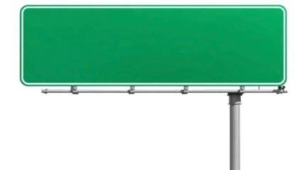 Blank green highway sign mounted on metal support isolated on transparent background