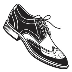 Classic black and white illustration of a detailed wingtip brogue oxford dress shoe with laces tied in a bow perfect for fashion and style concepts