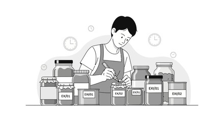 Person Labeling Preserved Goods Jars, Emphasizing Time, and Creating Orderly Process