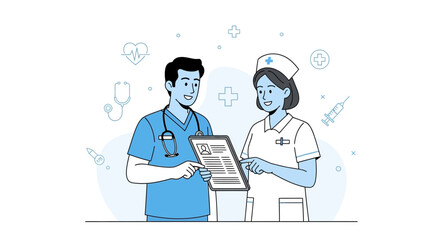 Medical Illustration:Healthcare Professionals Discussing Patient Report In A Clinic Setting