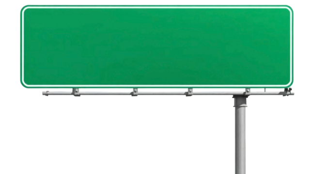 Blank green highway sign mounted on metal support isolated on transparent background