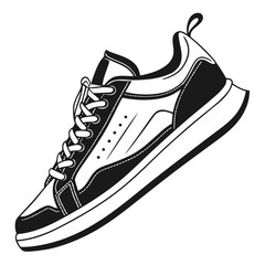 A stylish black and white illustration of a modern low top sneaker with laces and a thick sole perfect for fashion and sports themes