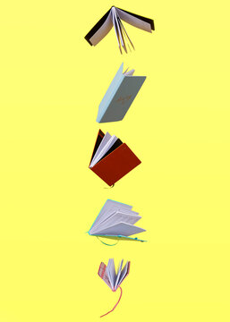 Composition of Floating Books Across a Bright Yellow Background
