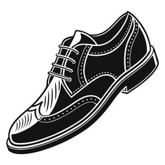 Classic black and white illustration of a traditional wingtip oxford brogue shoe with intricate perforation details and laces