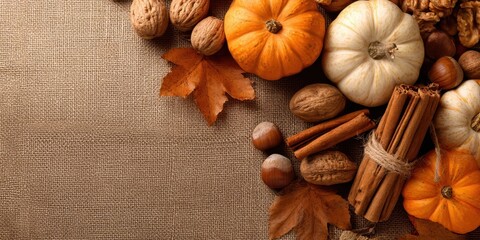 Fototapeta premium Autumn harvest with pumpkins, nuts, and cinnamon!