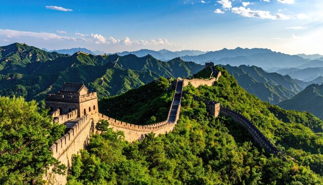Panoramic view of the Great Wall of China winding through lush green mountains under a vibrant blue sky - Powered by Adobe