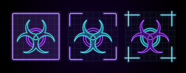 Biological Hazard icon illustration, cyber neon visual, glowing border grid vector.