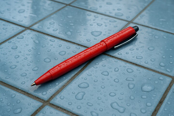 red pen on a light blue background.Red pen on a light blue surface.