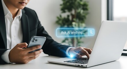 Businessman using laptop and smartphone with ask ai anything search bar, artificial intelligence and machine learning concept, chatbot and virtual assistant, future technology and innovation