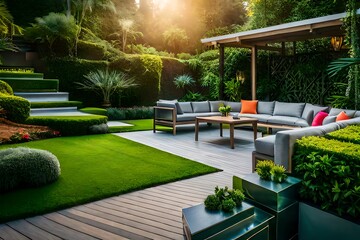 Obraz premium Elegant outdoor living space with lush greenery and modern lounge area creating a serene retreat