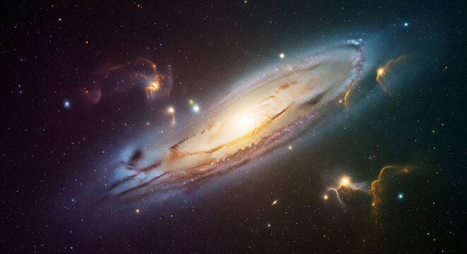 Edgeon view of a lenticular galaxy with dust lanes and surrounding stars, distant cosmic object in the universe