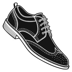 Classic black and white illustration of a men s wingtip brogue shoe with detailed stitching and perforations on a white background