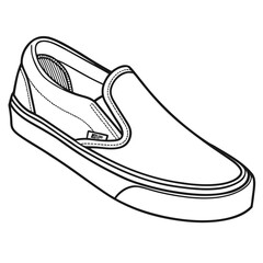 Clean black and white line art illustration of a classic slip on shoe with a rubber sole and elastic side panels on a white background