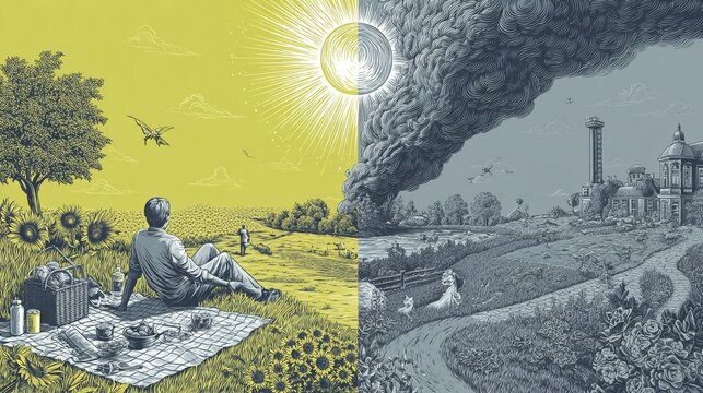 Un paesaggio verde lussureggiante contrapposto ad uno grigio che brucia. Serenit&agrave; contrapposta alla drammaticit&agrave;