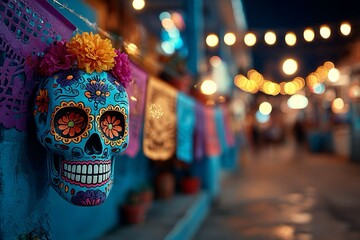 Scena notturna decorata per il Día de los Muertos (Giorno dei Morti), una festività tradizionale messicana.