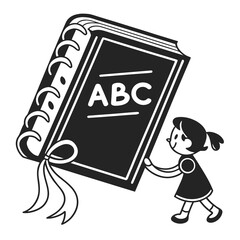 A cheerful cartoon girl with pigtails excitedly holding a large abc book with a ribbon tied around it representing learning and education
