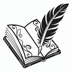 An open book with decorative swirls on its pages and a quill pen poised above it symbolizing writing and literature