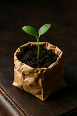 seedling in a pot. young plant in a pot. Small seedling emerging from soil in brown paper packet on dark background.
