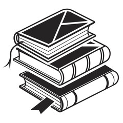 A stack of three classic hardbound books with decorative spines and bookmarks presented in a clean black and white graphic illustration style