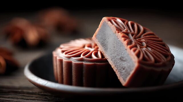 Close-up of Exquisite Chocolate Mooncake Cut Surface Texture