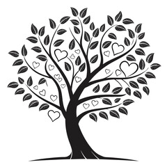 Stylized black silhouette of a tree with heart shaped leaves and branches against a white background symbolizing love and growth