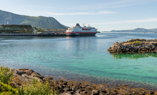 17 july 2025, Stokmarknes, Norway. Ms Polarlys Hurtigruten cruise at quay in Stokmarknes during sunny summer day. Hurtigruten Terminal, Hurtigruten coastal cruise ship in northern europe. Tourism.