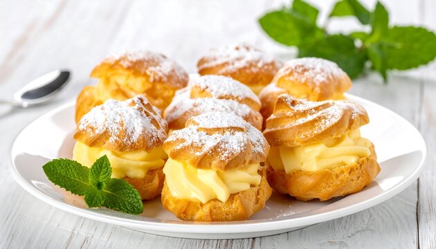 Cream puffs on white plate