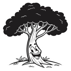 A cheerful cartoon tree with a smiling face and expressive eyes stands on a grassy hill its dark green foliage reaching towards the sky