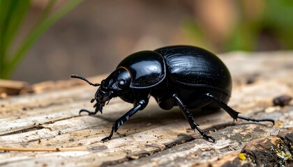 Close-up of a black beetle on a log
