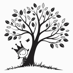 Obraz premium Whimsical black and white illustration of a happy cartoon character wearing a crown peeking from behind a stylized tree with detailed leaves and grass