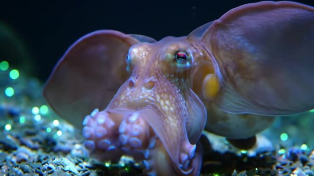 Close-up view of a cuttlefish displaying its fins and tentacles in an aquarium setting.