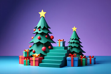 Stylized christmas trees with gifts and stairs on a purple background