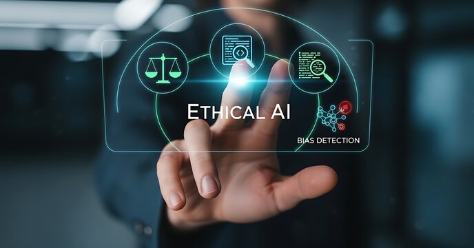 A person touching a screen displaying ethical ai and related icons, emphasizing the importance of responsible and unbiased artificial intelligence development and deployment for societal benefit